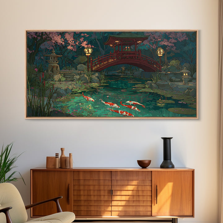 Peaceful Japanese Garden Pond With Koi Fish And Traditional Bridge Painting, Serene Wall Art, Framed Canvas Print For Zen Home Decor