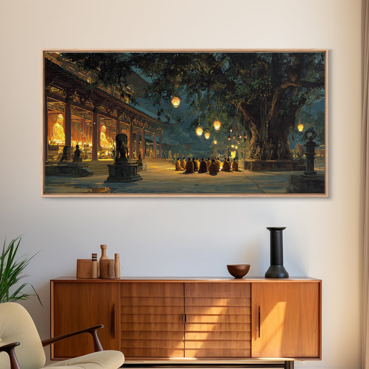 Serene Buddhist Monks Meditating Under Ancient Tree At Temple Warm Glowing Lights Wall Art Framed Canvas Print For Spiritual Home Decor