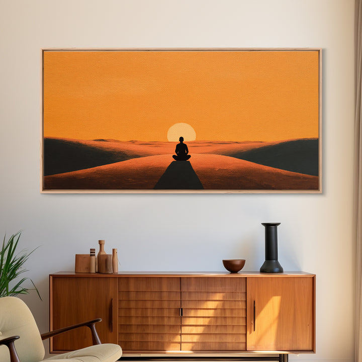 Meditative Silhouette On Warm Sunset Dunes Minimalist Wall Art Canvas Print For Relaxing Home Décor