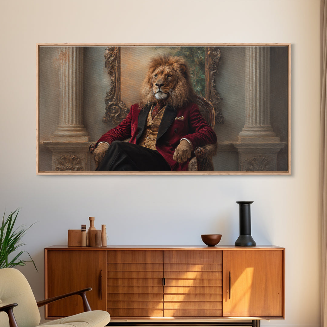 Lion King In Red Velvet Suit Canvas Print, Regal Animal Wall Art, Victorian Portrait, Masculine Office Decor, Gift For Him