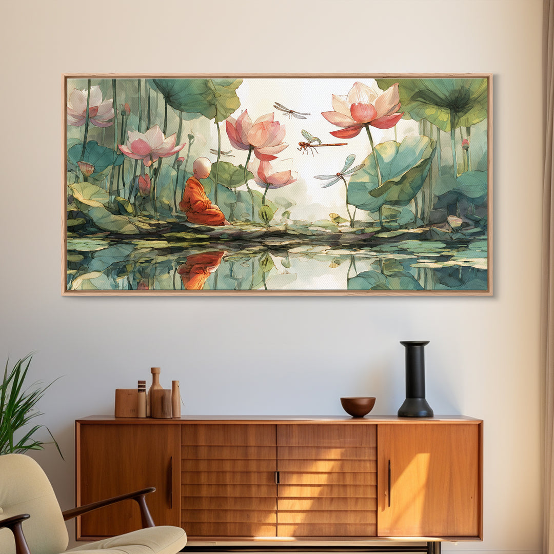 Serene Meditating Monk Among Lotus Flowers And Dragonflies Wall Art Beautiful Calm Nature Scene Framed Canvas Print