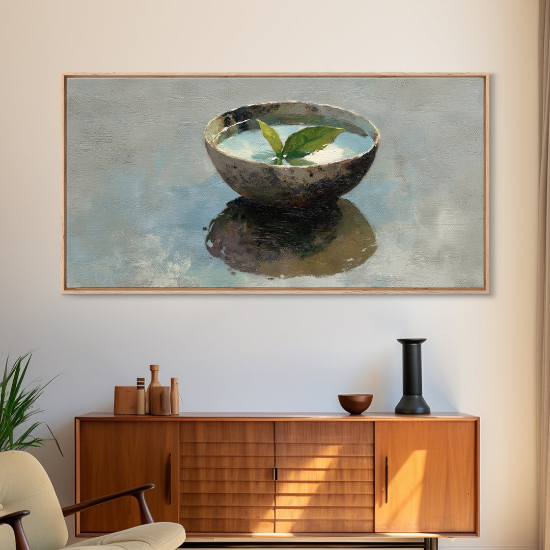 Still Life Bowl With Green Leaves Oil Painting Canvas Print Large Wall Art For Kitchen And Dining Room Decor Slow Living Art