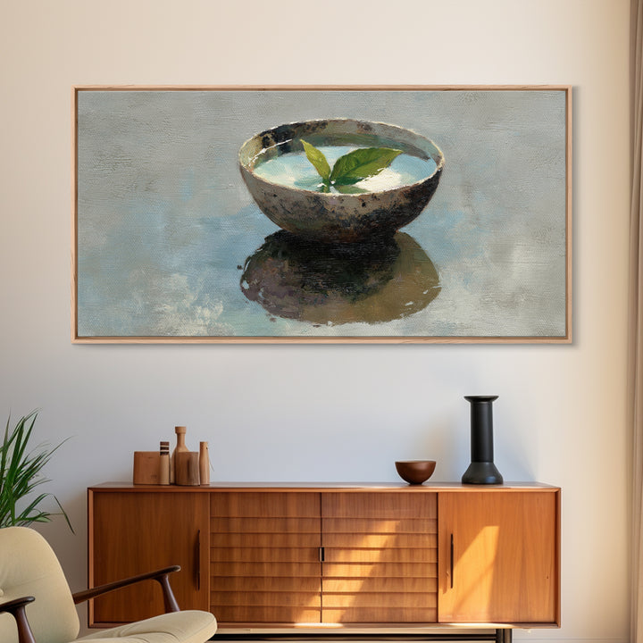 Still Life Bowl With Green Leaves Oil Painting Canvas Print Large Wall Art For Kitchen And Dining Room Decor Slow Living Art