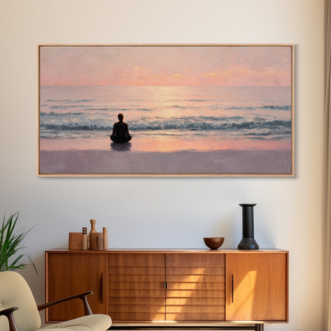 Serene Meditation Silhouette Beach Sunrise Wall Art Canvas Print For Relaxing Bedroom Decor Modern Wall Art