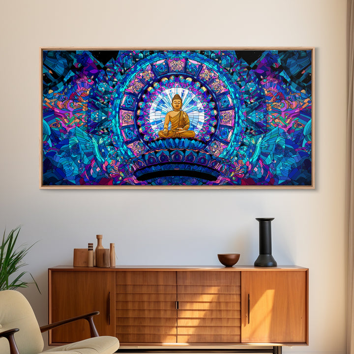 Stained Glass Style Blue Buddha Meditation Wall Art Framed Canvas Print For Spa Decor And Spiritual Home Decor