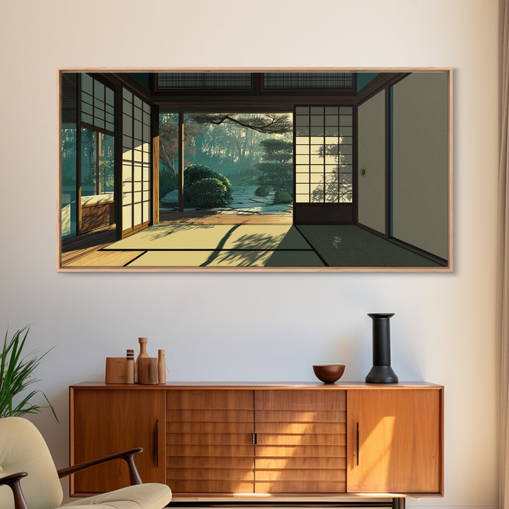 Sunlit Japanese Interior With Garden View Painting Canvas Print Minimalist Wall Art For Bedroom And Office