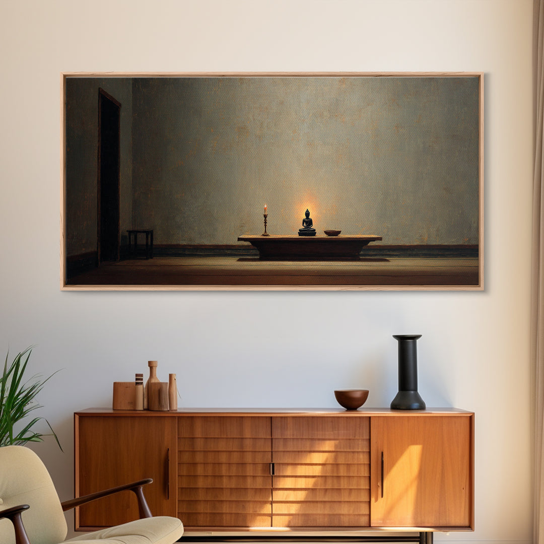 Minimalist Zen Home Decor Buddha Statue With Candle On Wooden Table Wall Art