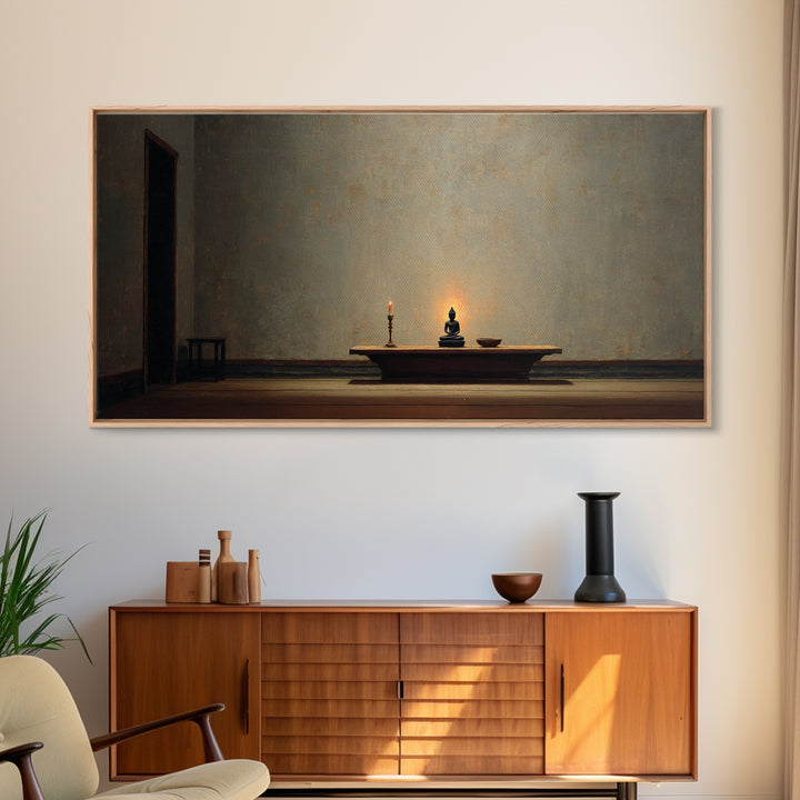 Minimalist Zen Home Decor Buddha Statue With Candle On Wooden Table Wall Art