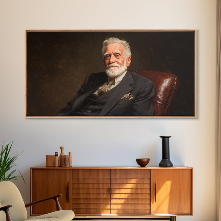 Distinguished Elder Gentleman Portrait Framed Canvas Print, Classic Wall Art, Dark Academia Decor, Office Art, Gift For Him
