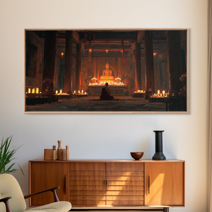 Serene Buddha Meditation In Candlelit Temple Painting Wall Art Home Spiritual Canvas Print Zen Decor