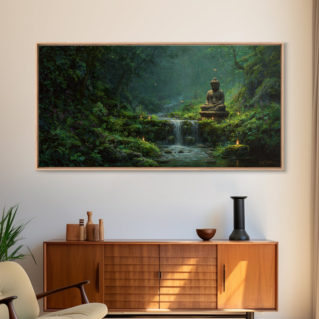 Serene Buddha Statue Waterfall Forest Scene Tranquil Landscape Wall Art Framed Canvas Print To Create Zen Home Decor Or Meditation Room