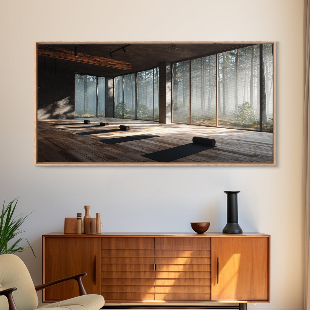 Peaceful Yoga Studio Interior With Forest View Wall Art Canvas Print Modern Office Decor Tranquil Space