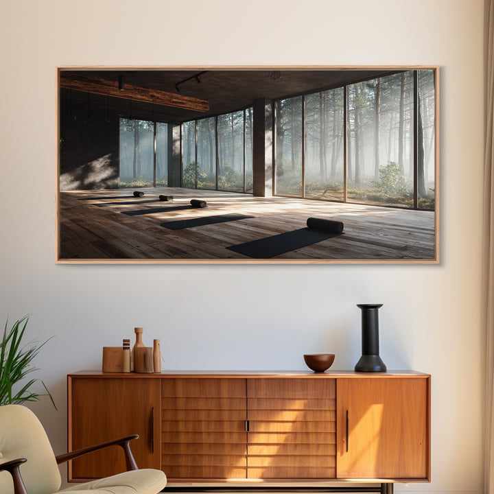Peaceful Yoga Studio Interior With Forest View Wall Art Canvas Print Modern Office Decor Tranquil Space