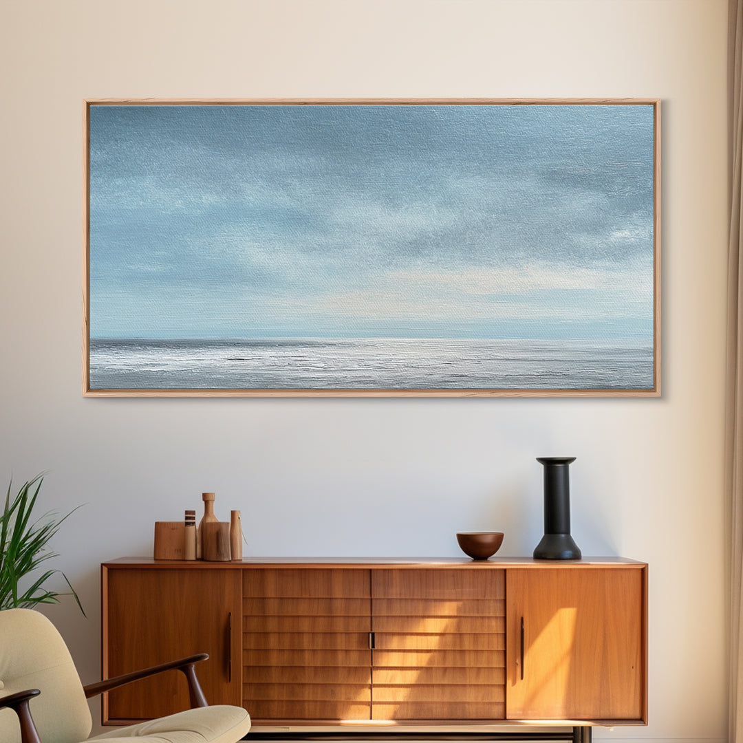 Tranquil Seascape Oil Painting With Soft Blue Sky And Ocean Horizon Peaceful Wall Art Canvas Print