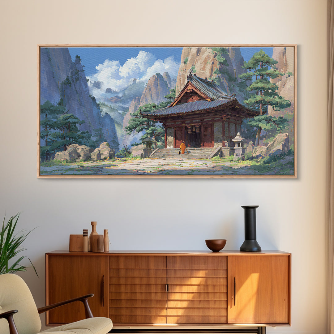 Peaceful Buddhist Temple Amid Mountains With Morning Mist Landscape Wall Art, Original Artwork Framed Canvas Print, Zen Decor
