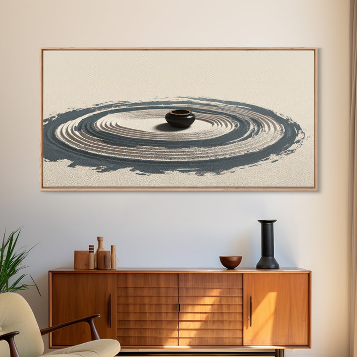 Zen Garden Sand Spiral With Ceramic Pot Minimalist Spiritual Wall Art For Meditation Room Decor Framed Canvas Print