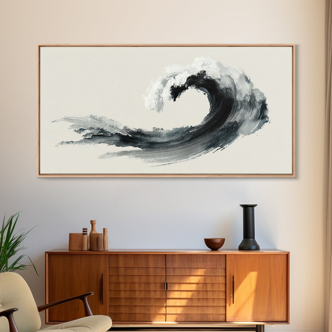 Japanese Ink Painting Black Wave Minimalist Brush Stroke Abstract Art Wall Art Framed Canvas Print For Modern Living Room Decor