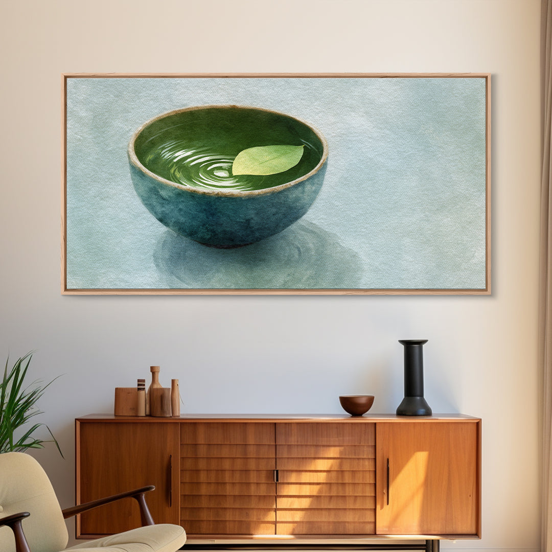 Minimalist Ceramic Bowl With Leaf Floating On Water Art Print For Zen Home Decor Framed Canvas Print