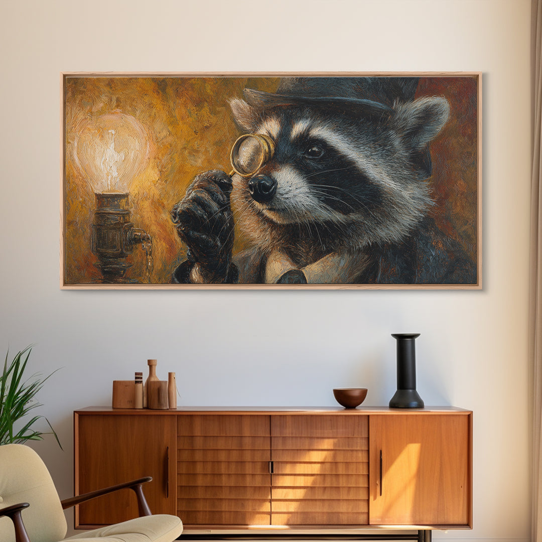 Raccoon Detective With Magnifying Glass Canvas Print, Whimsical Animal Wall Art, Steampunk Decor, Quirky Office Art, Gift