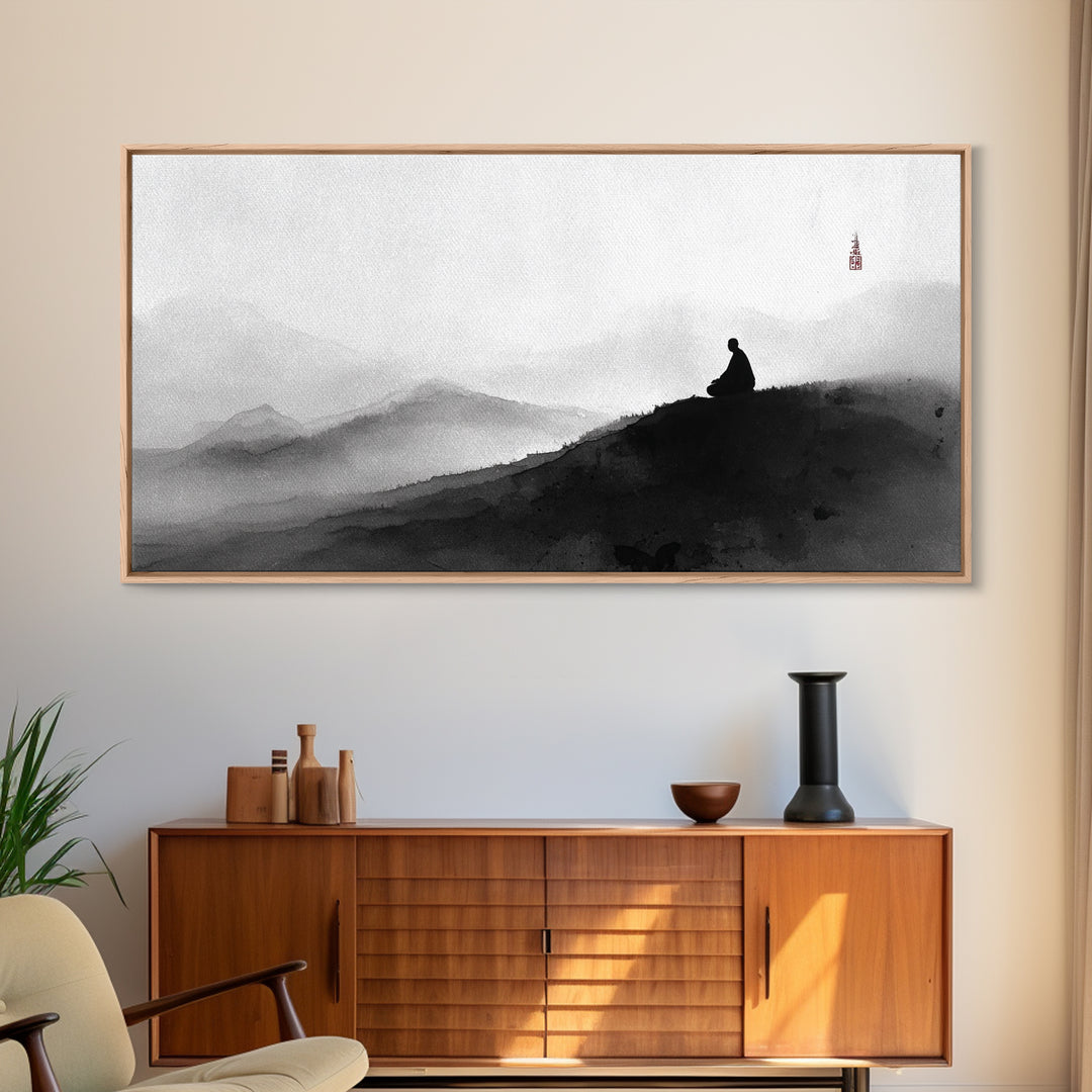 Peaceful Black And White Zen Mountain Meditation Wall Art Framed Canvas Print Spiritual Decor