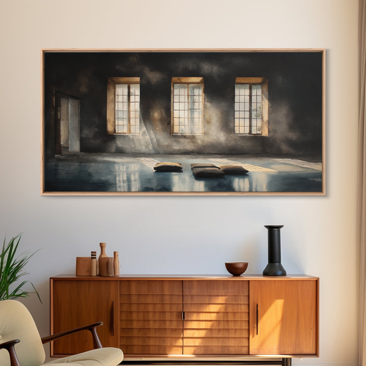 Sunlit Empty Room With Cushions And Large Windows Oil Painting Canvas Print Moody Wall Art For Minimalist Office Decor