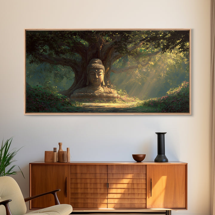 Serene Buddha Statue In Lush Forest Meditation Wall Art Framed Canvas Print For Zen Home Decor And Spiritual Wall Decor