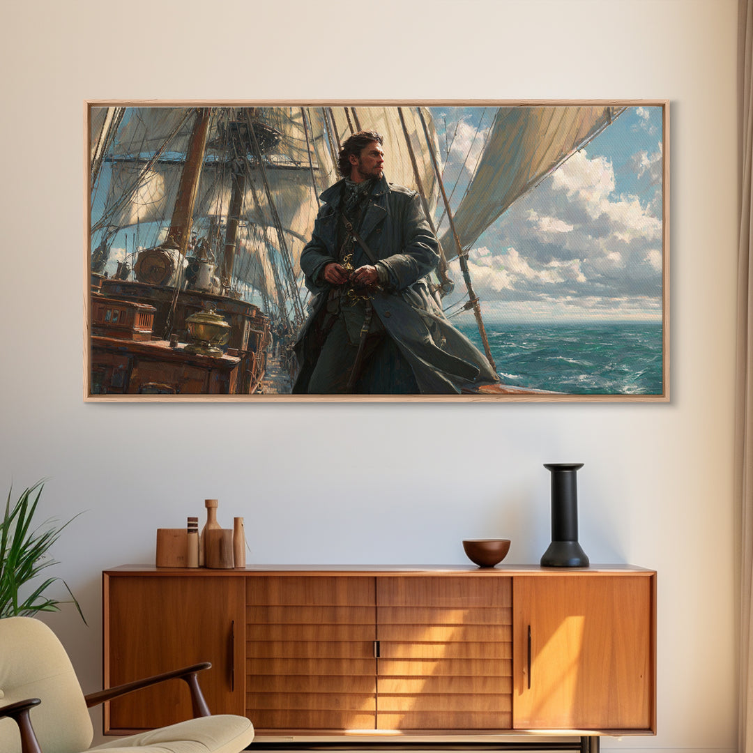 Sailor On Tall Ship At Sea Framed Canvas Print, Nautical Wall Art, Seascape Painting, Coastal Decor, Ocean Wall Art, Gift For Him