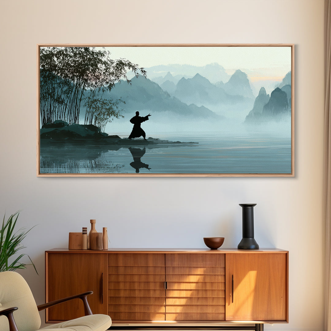 Serene Landscape With Taiji Practitioner By Water Misty Mountains Background Canvas Print Modern Wall Art Home Decor