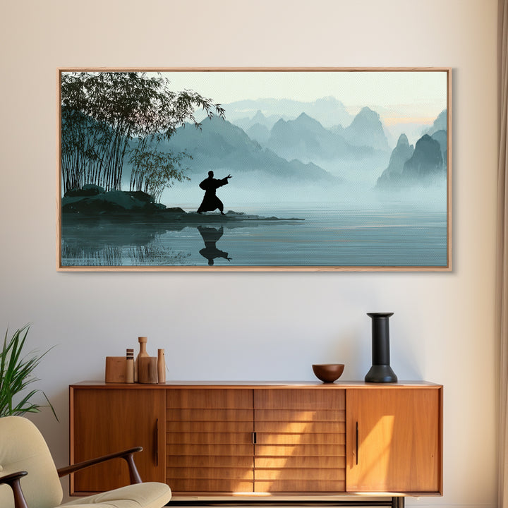 Serene Landscape With Taiji Practitioner By Water Misty Mountains Background Canvas Print Modern Wall Art Home Decor