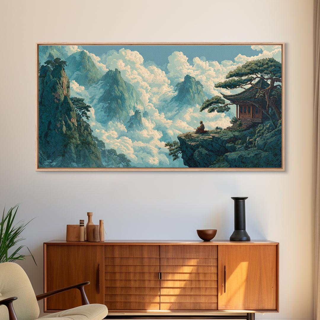 Serene Asian Landscape With Meditating Monk On Cliff Wall Art Modern Wall Decor Framed Canvas Print For Zen Living Room