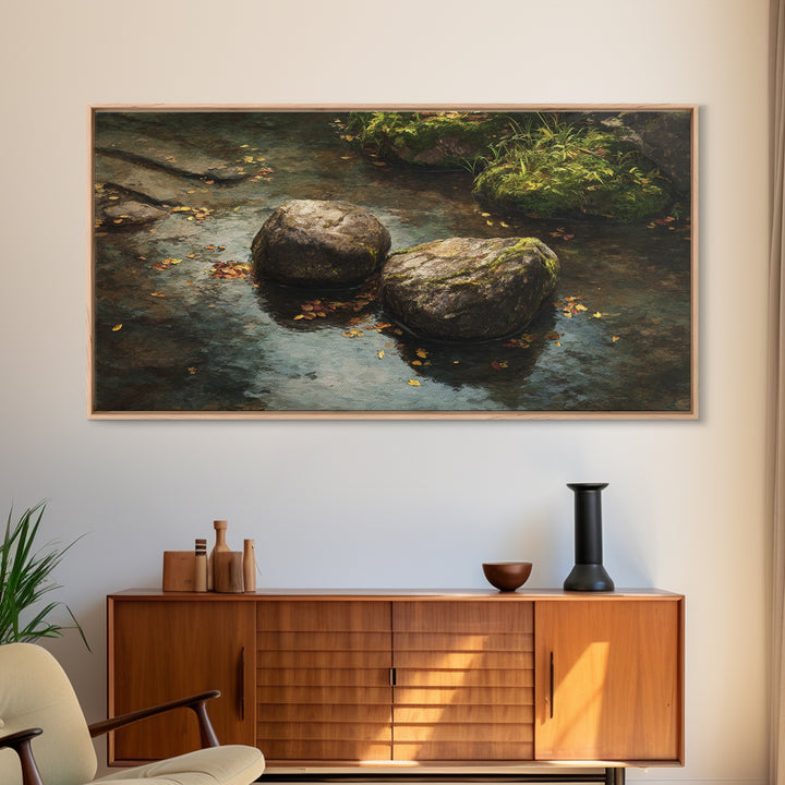 Close Up Nature Landscape Painting With Stream And Rocks Canvas Print Wall Art For Rustic Farmhouse Home Decor