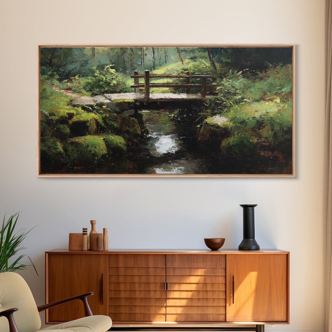 Nature Trail With Wooden Bridge Over Stream Forest Waterfall Landscape Painting Canvas Print Wall Art