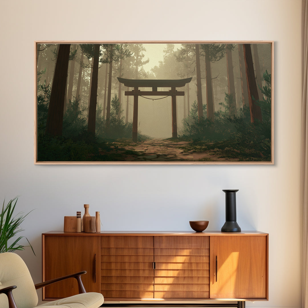 Mystical Japanese Torii Gate In Foggy Forest Scenic Landscape Wall Art Framed Canvas Print For Zen Home Decor And Meditation Space