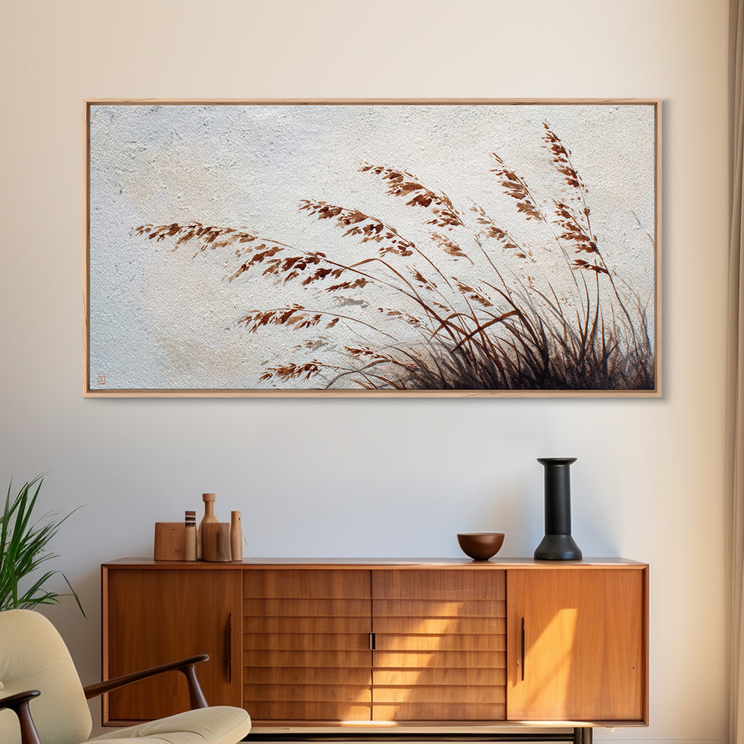Minimalist Brown Grass Painting On Textured Canvas Print For Rustic Home Decor And Wall Art