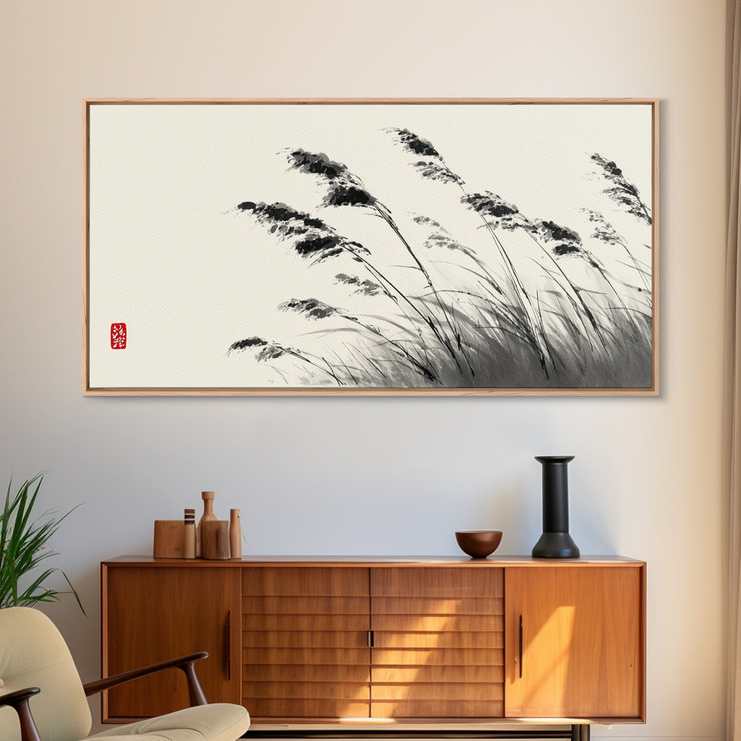 Elegant Monochrome Ink Brush Painting Of Swaying Grasses Minimalist Wall Art Canvas Print For Calm And Serene Home Decor