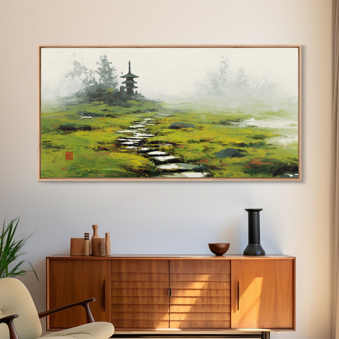 Peaceful Green Japanese Garden Landscape With Pagoda Foggy Morning Wall Art Fine Art Print Framed Canvas Print For Japanese Wall Decor