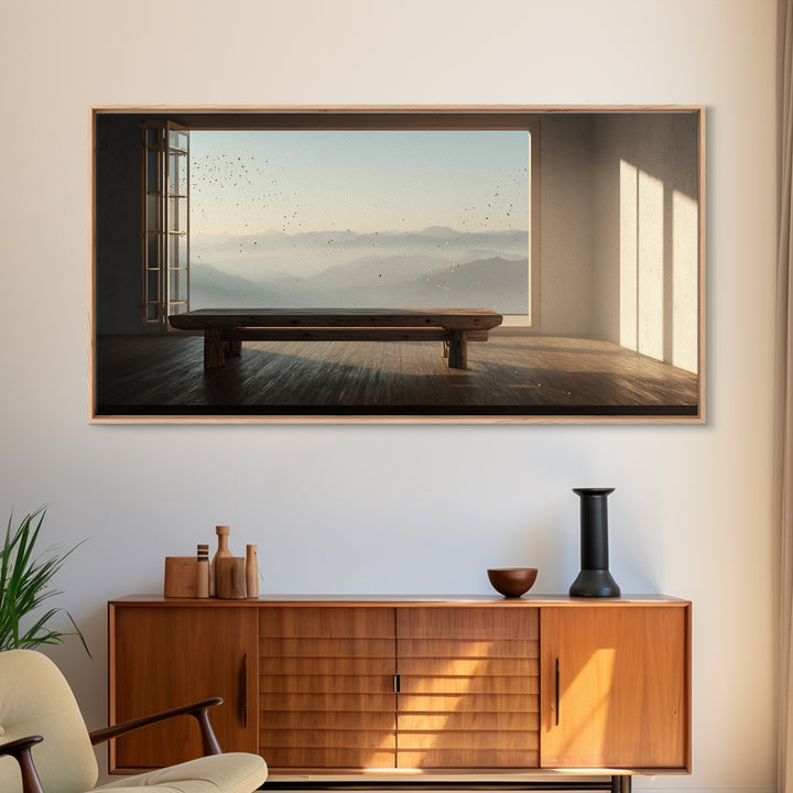 Serene Minimalist Room With Large Window Overlooking Mountain Landscape Zen Wall Art Canvas Print For Calm Living Room Decor Or Office Decoration