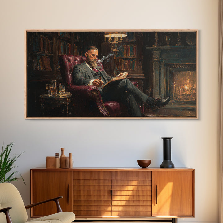 Bearded Man Reading By Fireplace Wall Art, Cozy Library Decor, Dark Academia Art, Book Lover Gift, Office Decor, Living Room Art