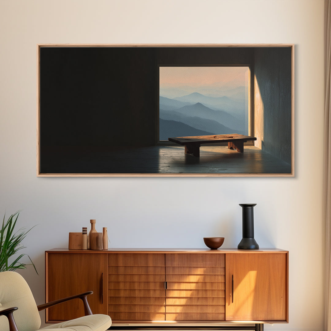 Serene Minimalist Interior With Mountain View Framed Canvas Print Home Decor Wall Art Living Room Decor Relaxing Art