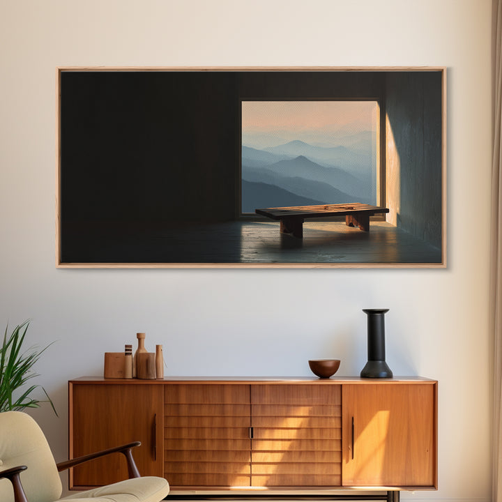 Serene Minimalist Interior With Mountain View Framed Canvas Print Home Decor Wall Art Living Room Decor Relaxing Art