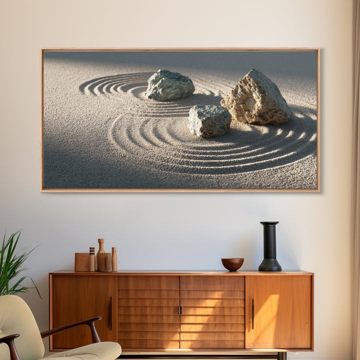 Zen Japanese Rock Garden With Sand And Stones Minimalist Wall Art Canvas Print For Calming Home Decor And Meditation Space