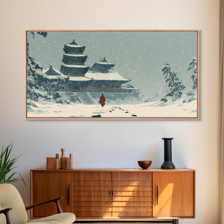 Snowy Temple Scene With Footprints In The Snow Winter Landscape Painting Framed Canvas Print