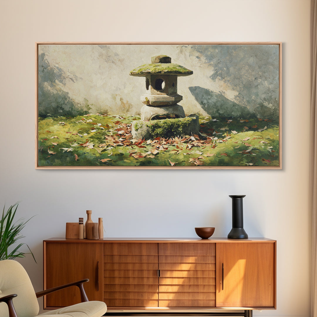 Classic Japanese Stone Lantern In Autumn Garden With Fallen Leaves Wall Art Traditional Asian Garden Canvas Print Framed