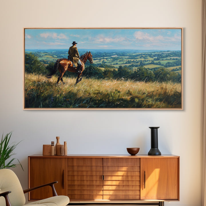 Horse Rider Countryside Landscape Wall Art, Equestrian Canvas Print, Rustic Farmhouse Decor, Horse Lover Gift, Living Room Decor