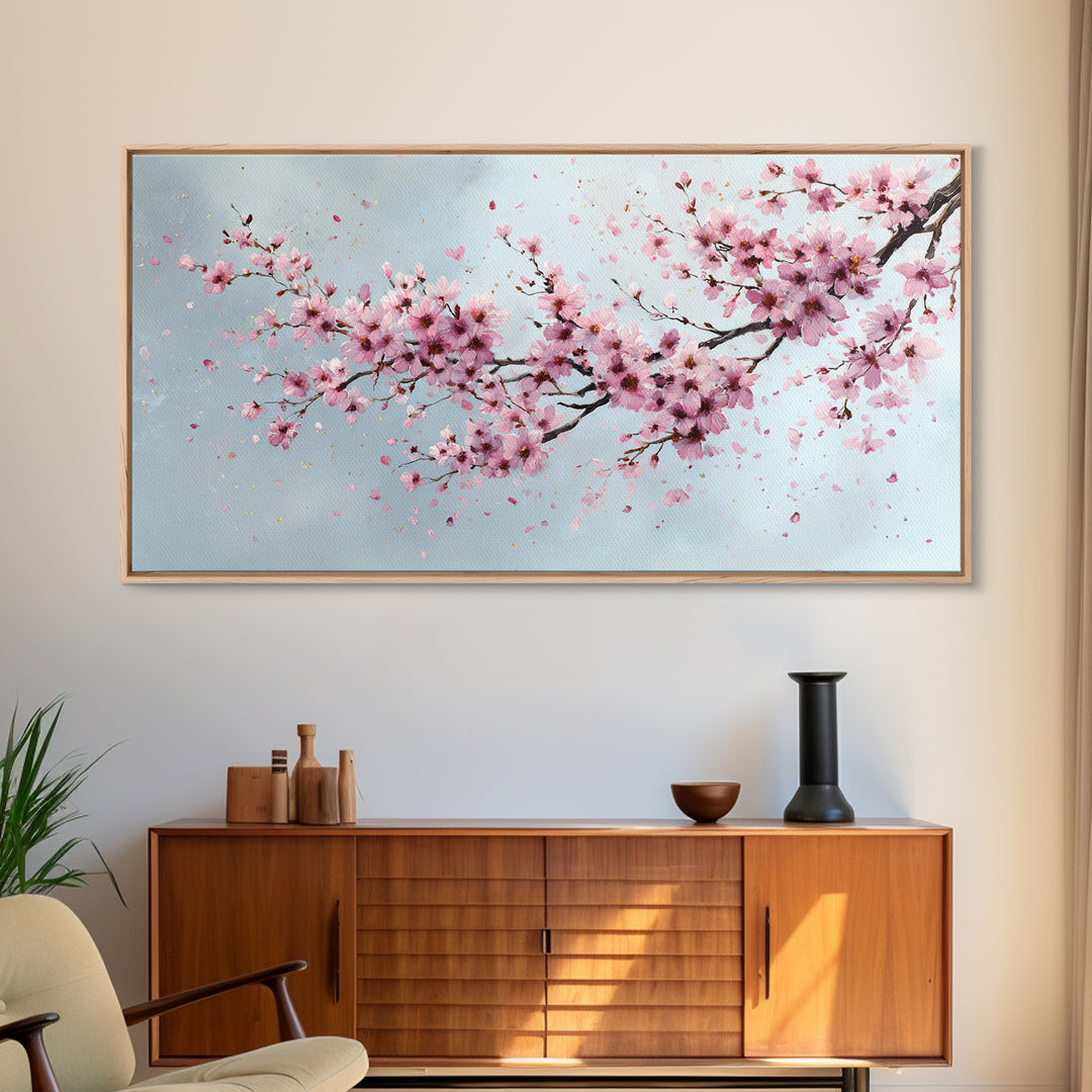 Pink Cherry Blossom Wall Art, Sakura Branch Painting, Japanese Botanical Decor, Spring Floral Living Room Bedroom Canvas Print