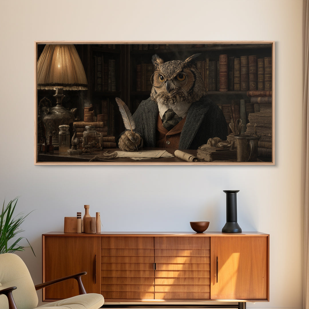 Scholar Owl In Antique Library Canvas Print, Whimsical Animal Wall Art, Dark Academia Decor, Book Lover Gift, Office Art
