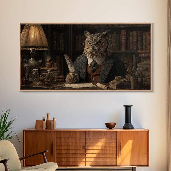Scholar Owl In Antique Library Canvas Print, Whimsical Animal Wall Art, Dark Academia Decor, Book Lover Gift, Office Art