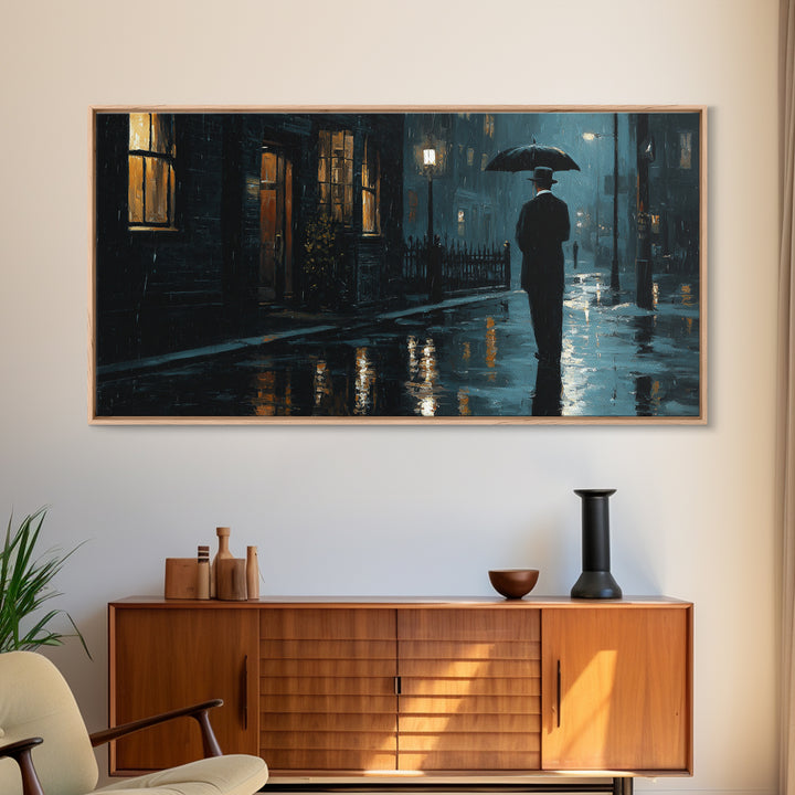 Rainy Noir City Street Wall Art, Blue Urban Night Canvas Print, Moody Office Decor, Dark Academia Living Room Print, Gift