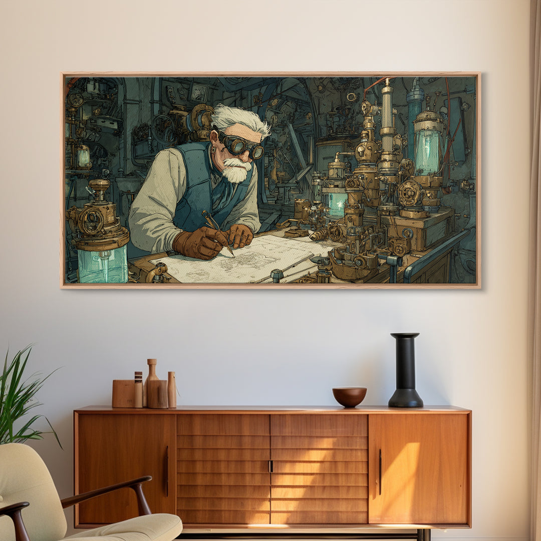 Steampunk Scientist Laboratory Canvas Print, Industrial Wall Art, Futuristic Office Decor, Sci Fi Inventor Gift For Him, Wall Decor