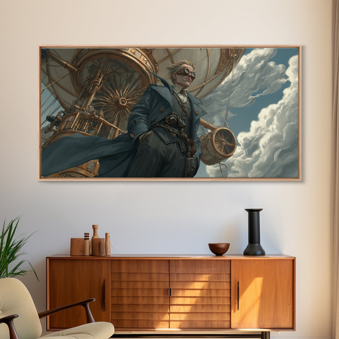 Steampunk Aviator In Blue Coat Canvas Print, Fantasy Wall Art, Industrial Airship Decor, Dramatic Office Art Gift For Him